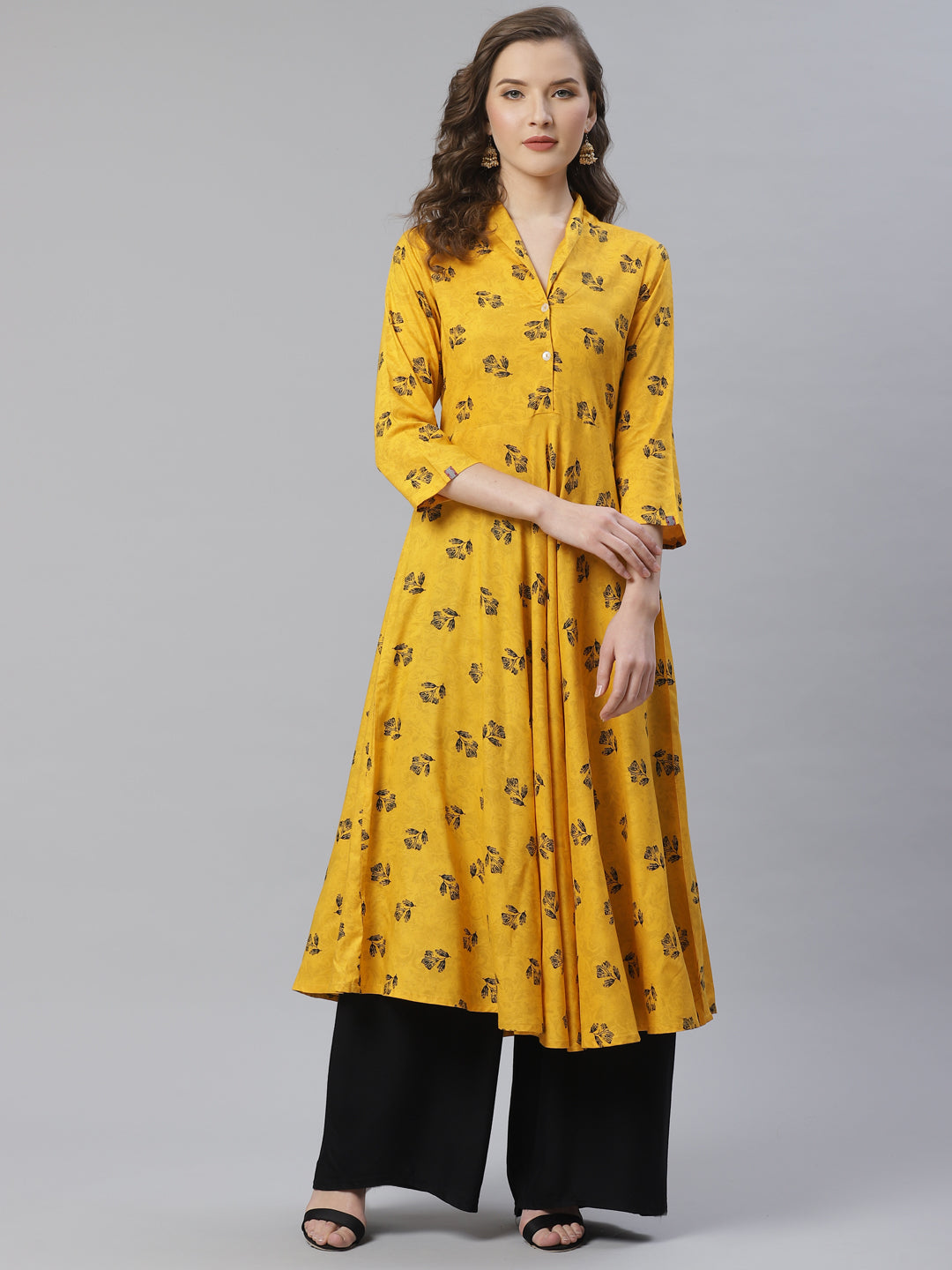 Jompers Women Yellow & Black Floral Printed A-Line Kurta - Distacart