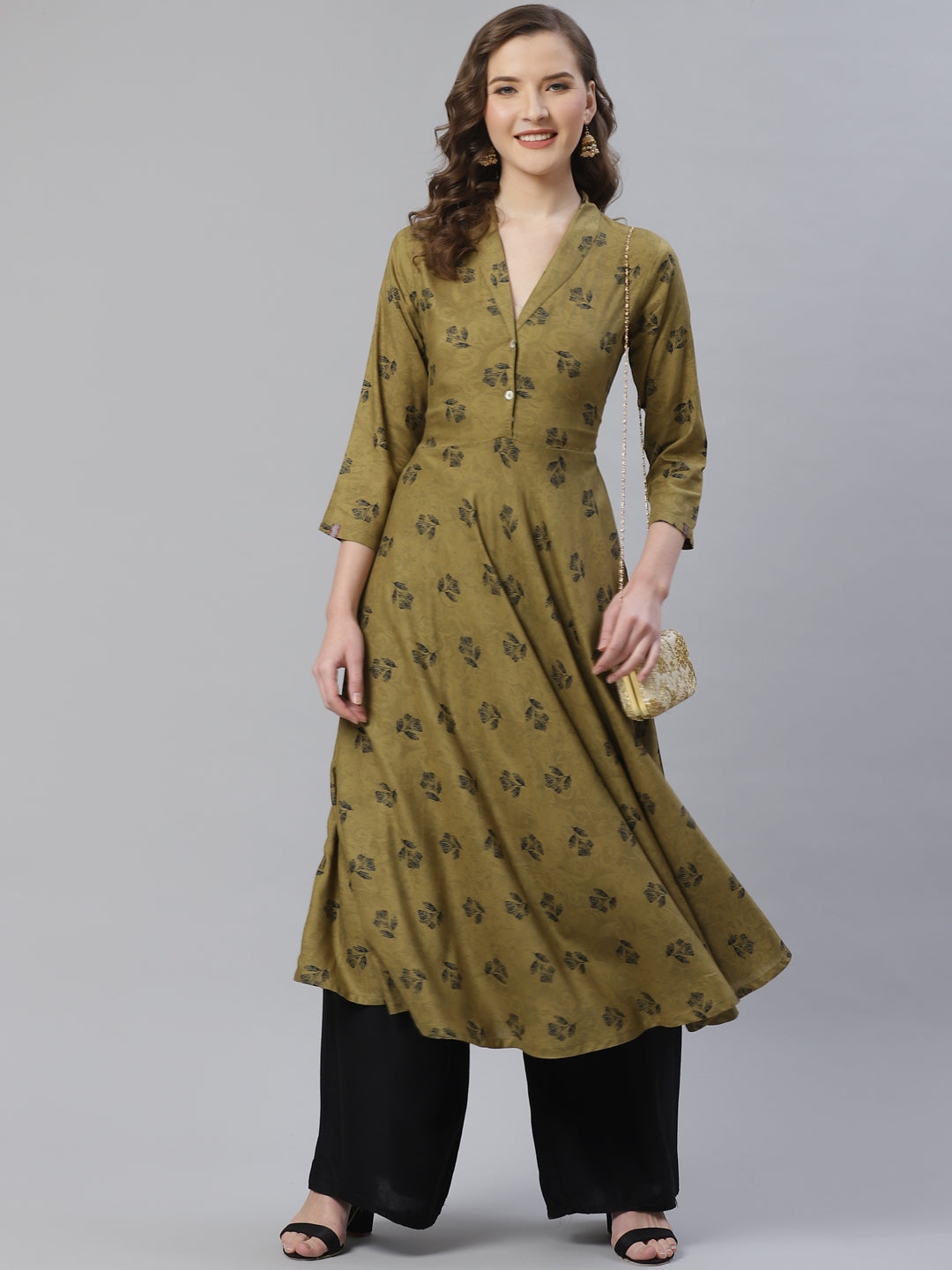 Jompers Women Olive & Black Floral Printed A-Line Kurta - Distacart