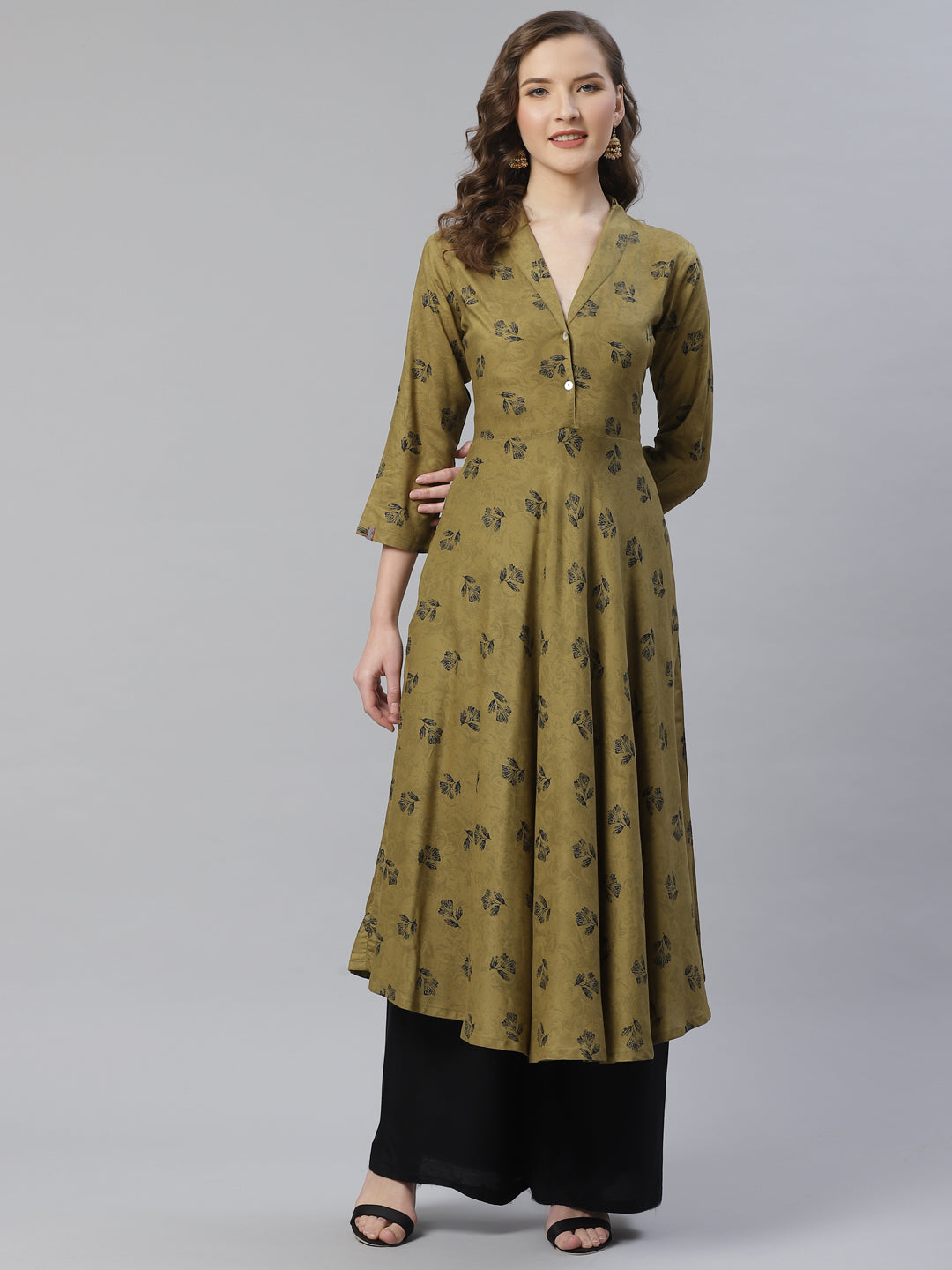 Jompers Women Olive & Black Floral Printed A-Line Kurta - Distacart