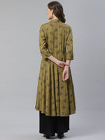Thumbnail for Jompers Women Olive & Black Floral Printed A-Line Kurta - Distacart