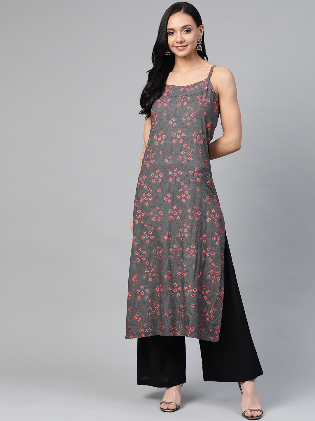 Jompers Women Charcoal Grey & Pink Printed Straight Kurta - Distacart