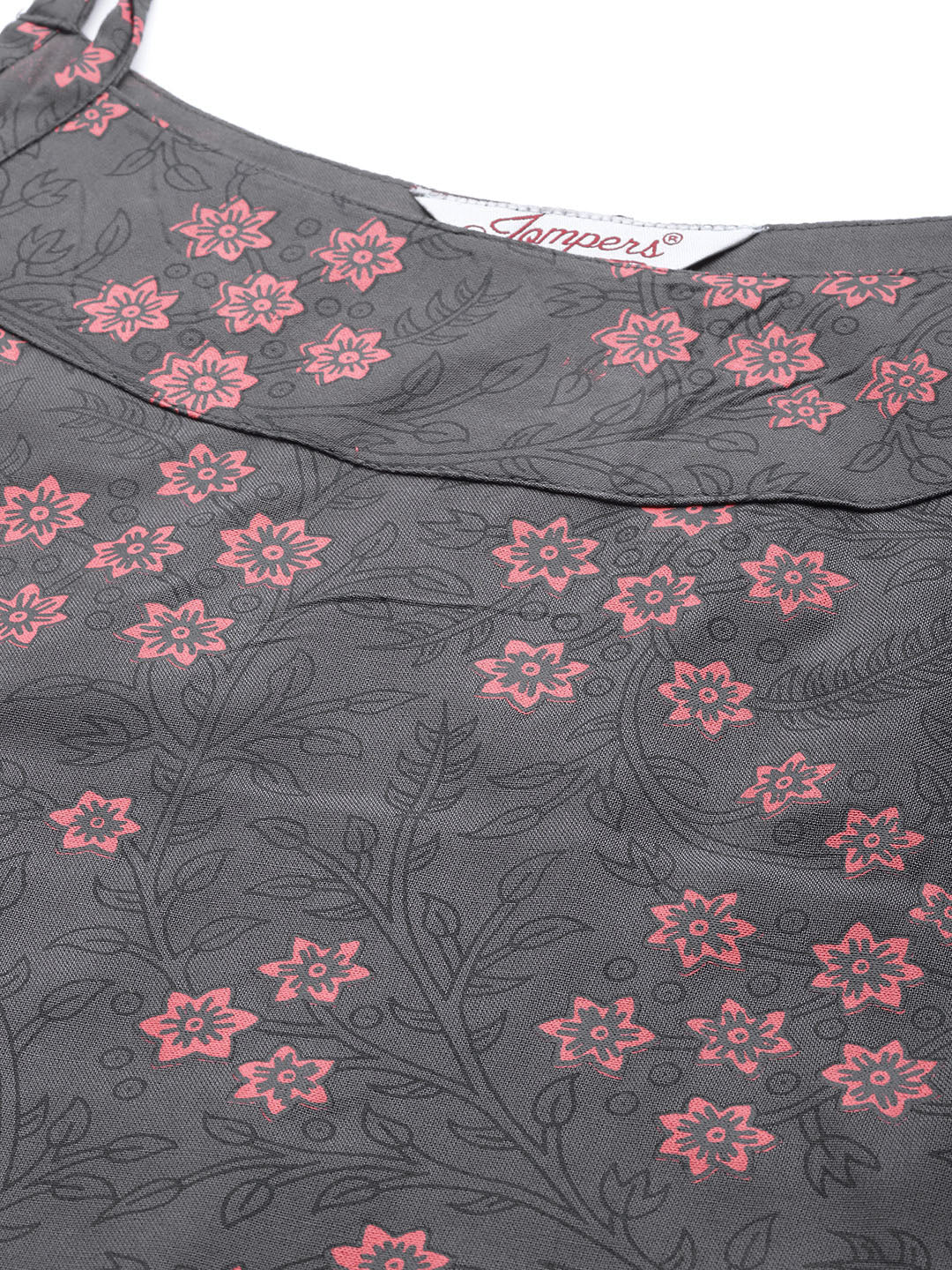 Jompers Women Charcoal Grey & Pink Printed Straight Kurta - Distacart