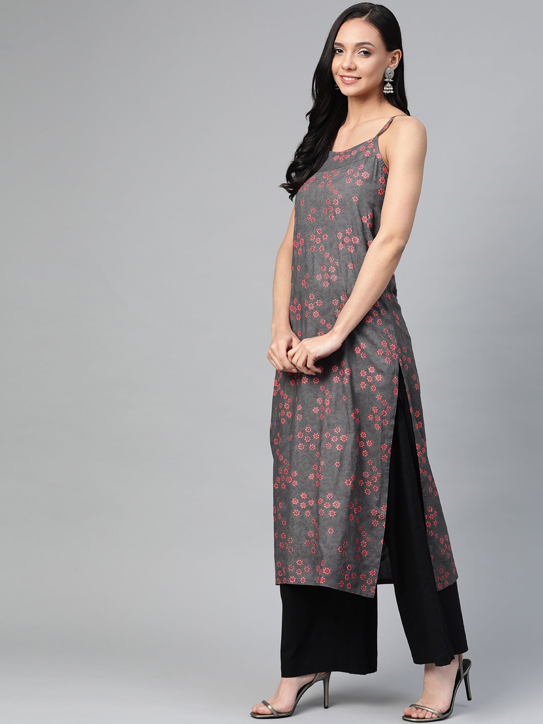 Jompers Women Charcoal Grey & Pink Printed Straight Kurta - Distacart
