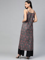 Thumbnail for Jompers Women Charcoal Grey & Pink Printed Straight Kurta - Distacart