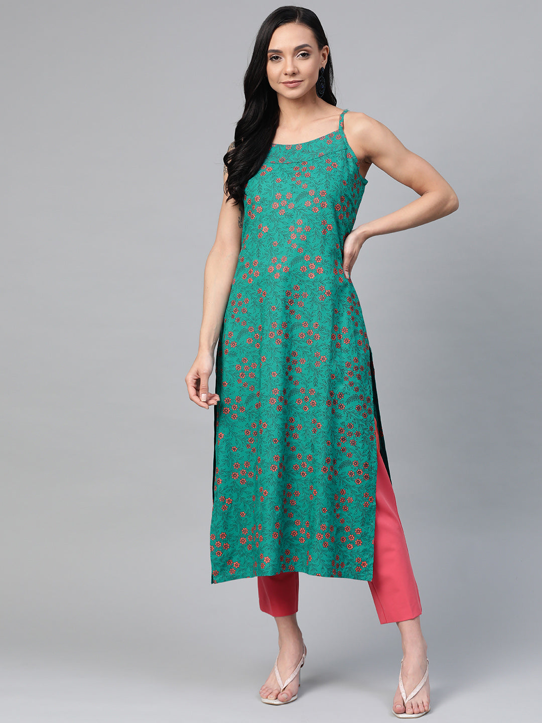 Jompers Women Rama Green & Pink Printed Straight Kurta - Distacart