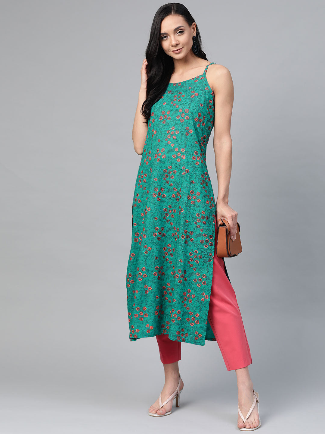 Jompers Women Rama Green & Pink Printed Straight Kurta - Distacart