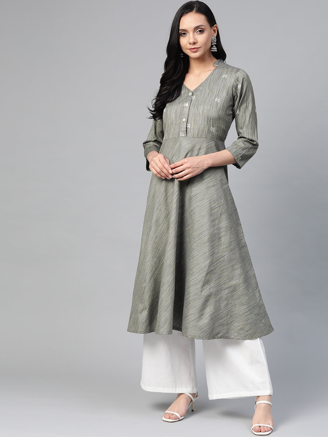 Jompers Women Grey Woven Design Flaired Kurta - Distacart