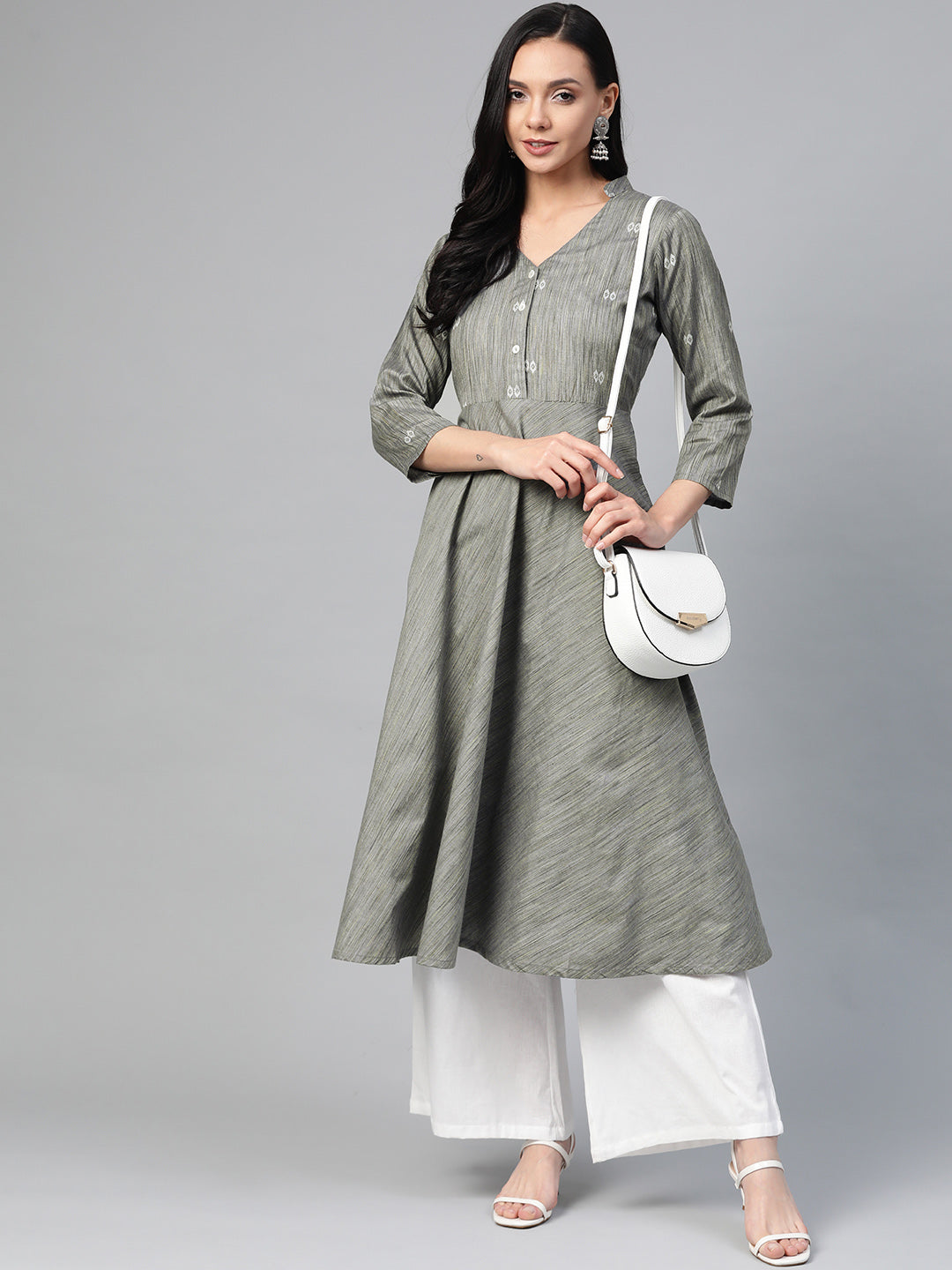 Jompers Women Grey Woven Design Flaired Kurta - Distacart
