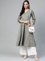 Thumbnail for Jompers Women Grey Woven Design Flaired Kurta - Distacart