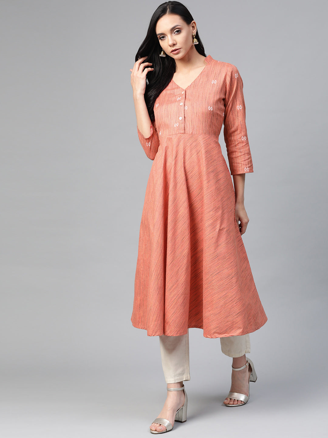 Jompers Women Orange Woven Design Flaired Kurta - Distacart