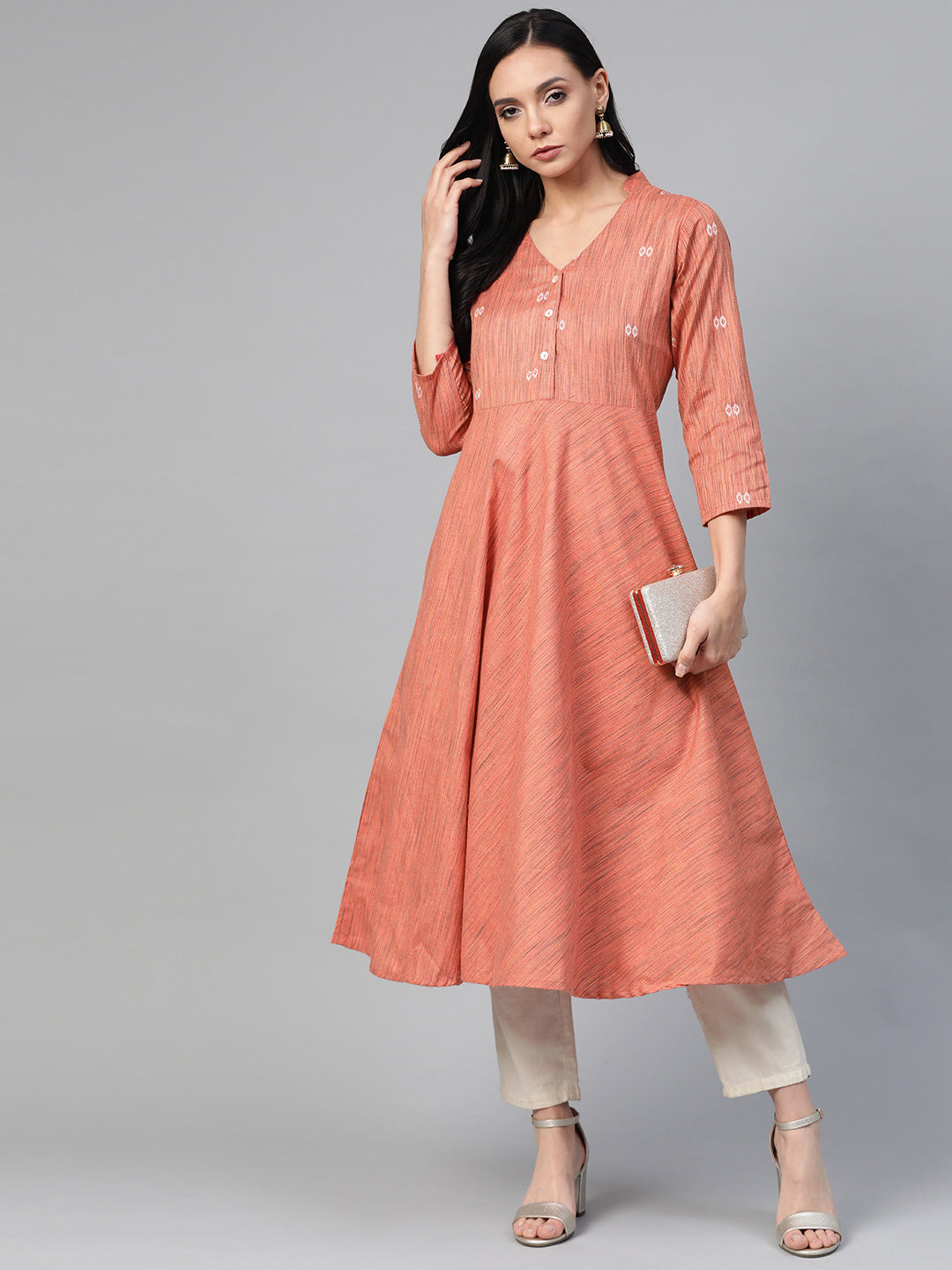 Jompers Women Orange Woven Design Flaired Kurta - Distacart