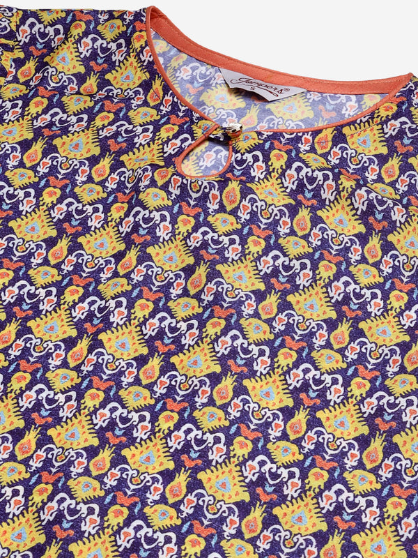 Jompers Women Blue & Yellow Geometric Printed Keyhole Neck Kurta - Distacart