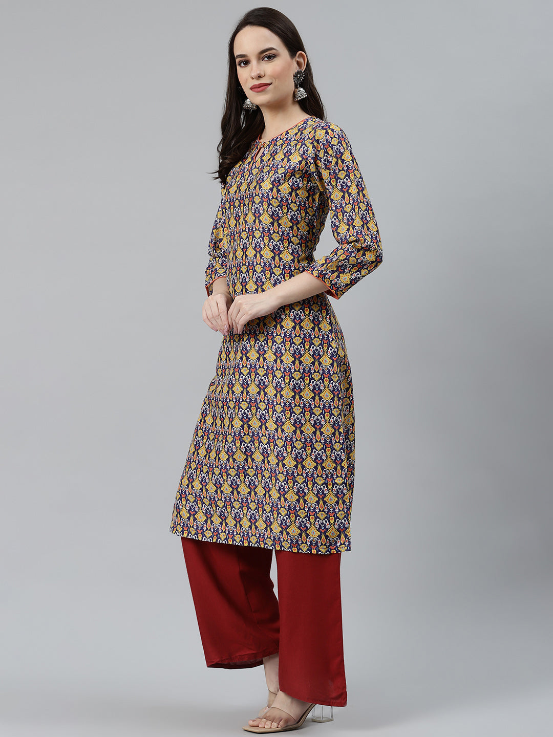 Jompers Women Blue & Yellow Geometric Printed Keyhole Neck Kurta - Distacart