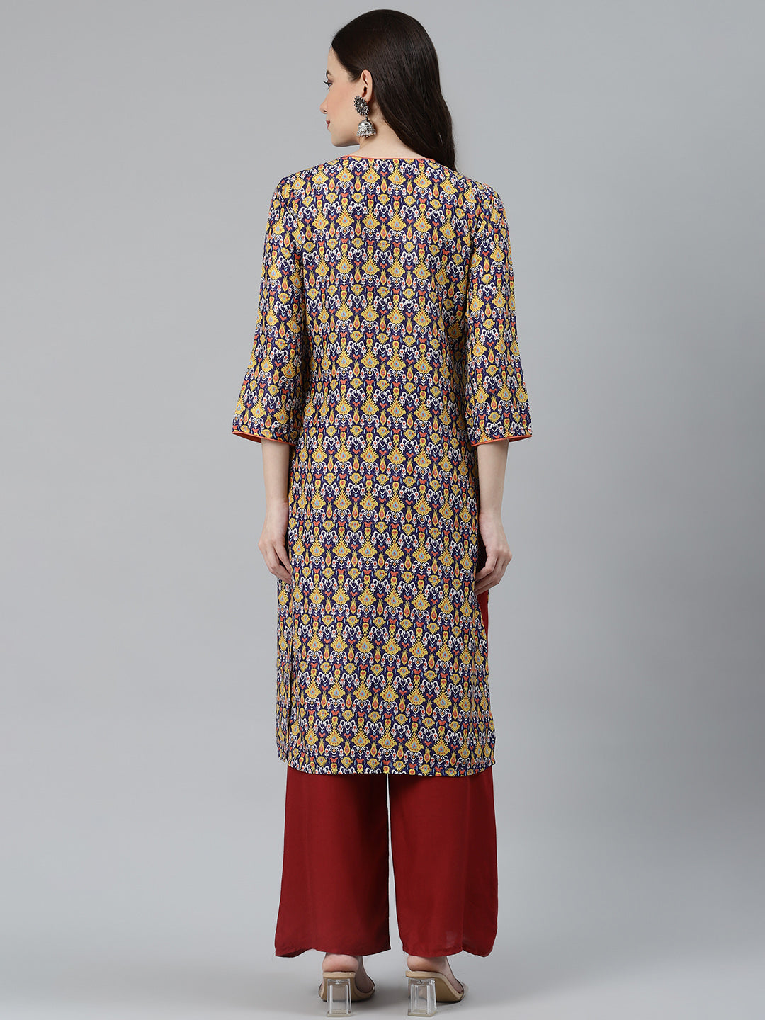 Jompers Women Blue & Yellow Geometric Printed Keyhole Neck Kurta - Distacart