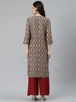 Thumbnail for Jompers Women Blue & Yellow Geometric Printed Keyhole Neck Kurta - Distacart