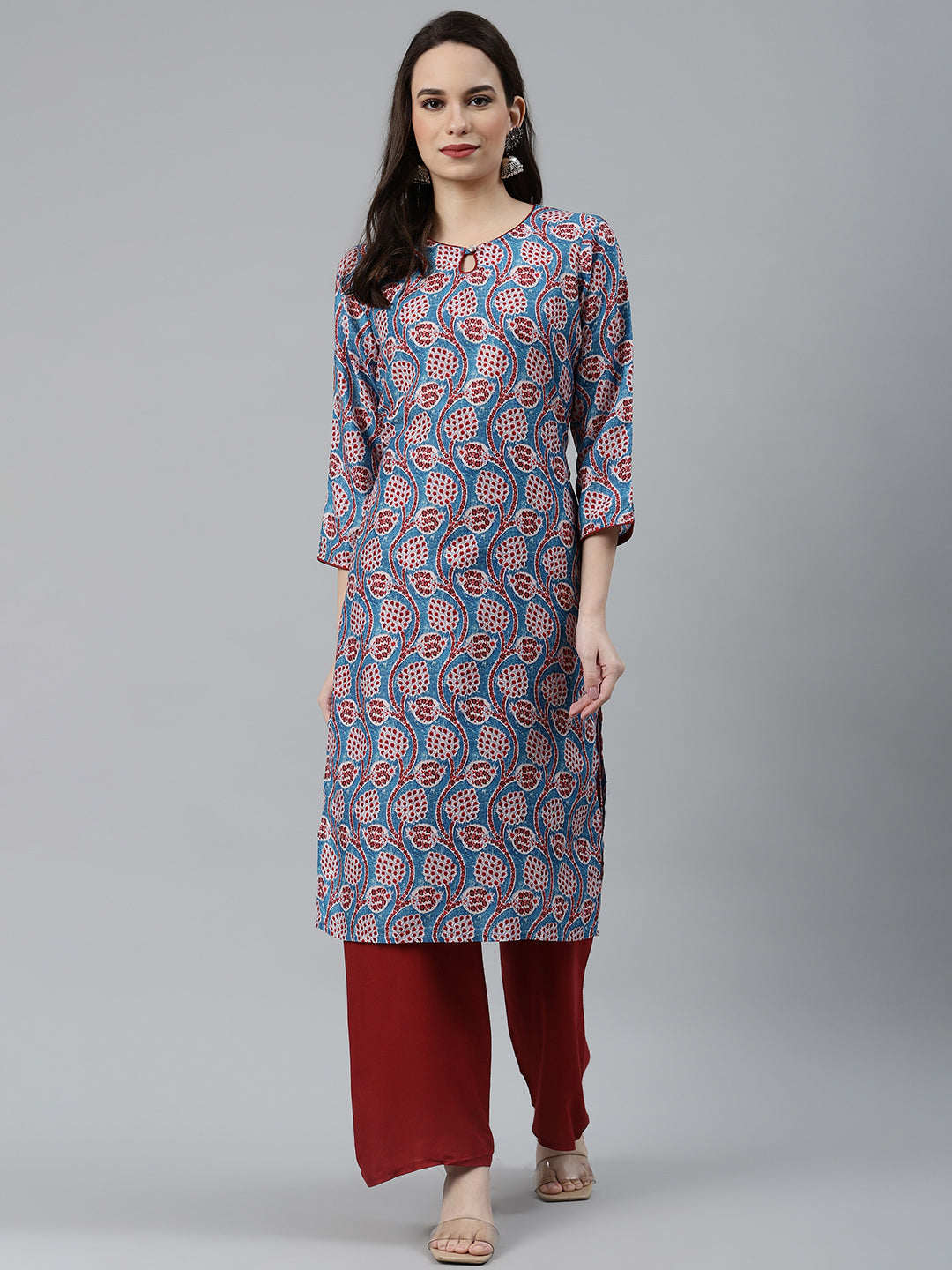 Jompers Women Blue & Red Ethnic Motifs Printed Keyhole Neck Kurta - Distacart