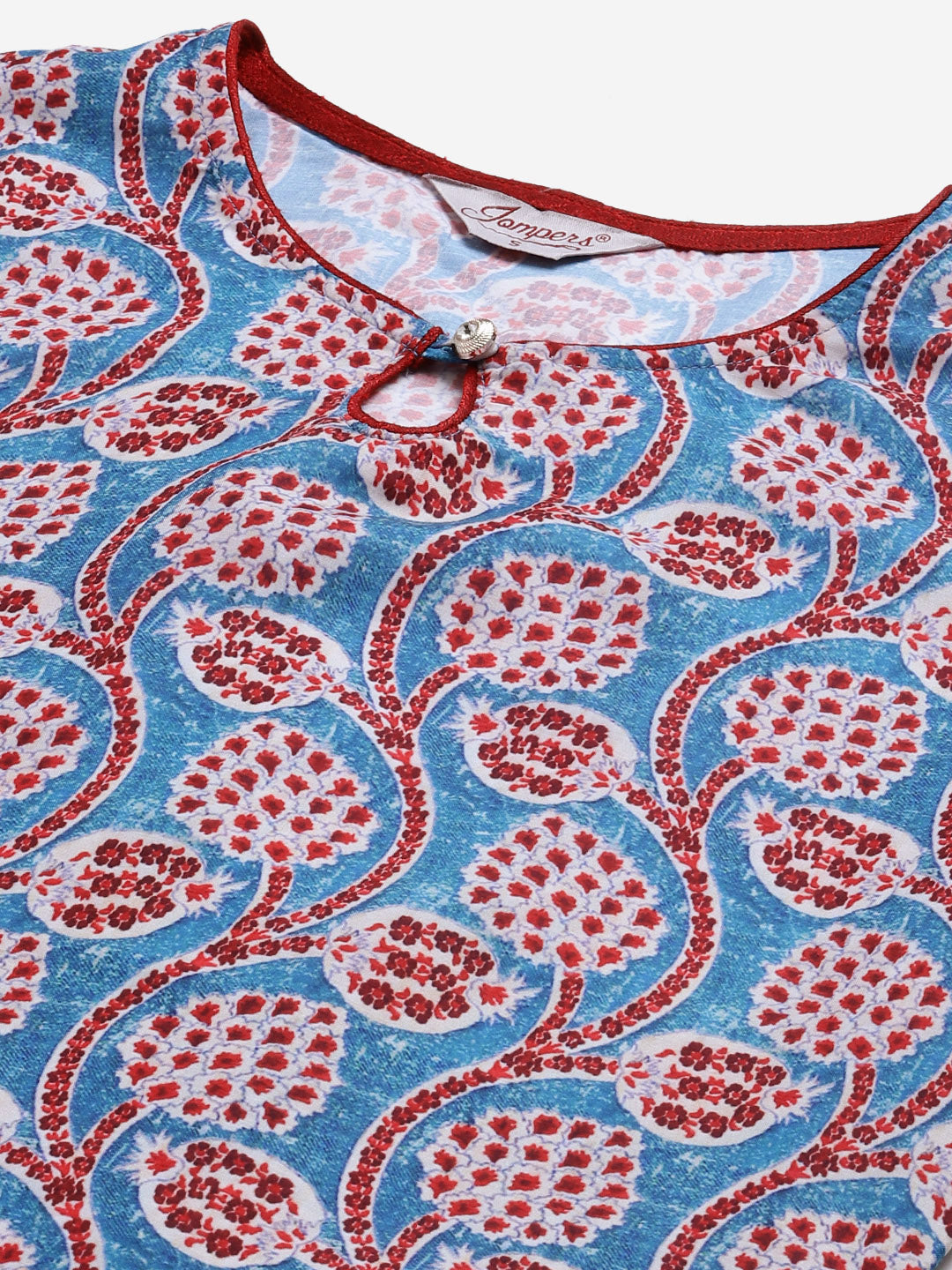 Jompers Women Blue & Red Ethnic Motifs Printed Keyhole Neck Kurta - Distacart