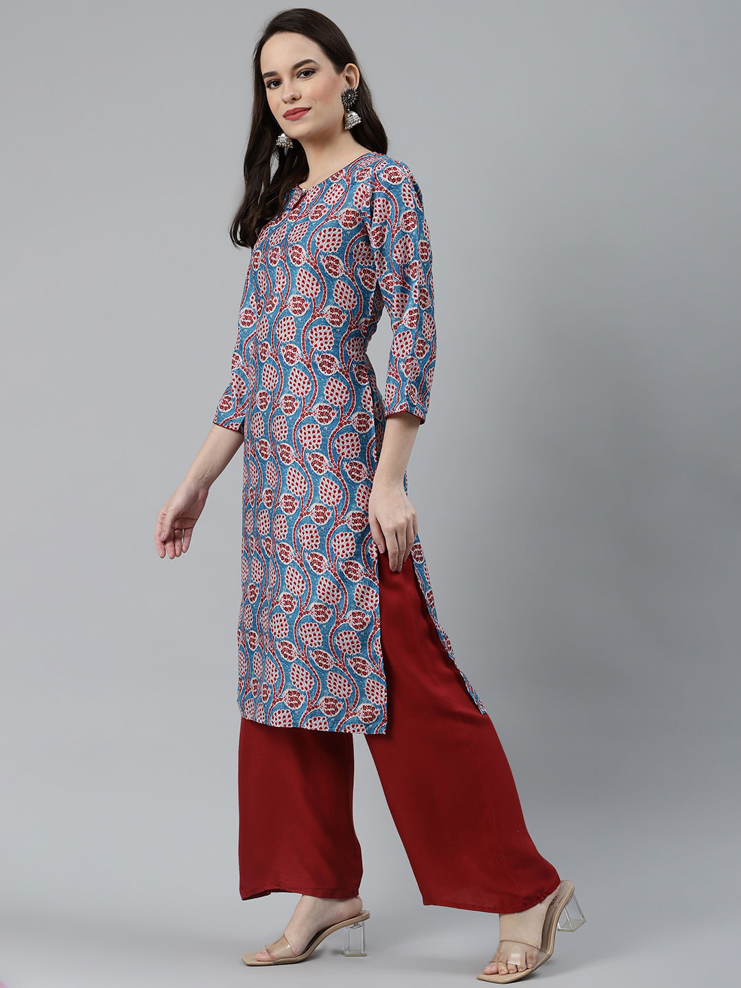 Jompers Women Blue & Red Ethnic Motifs Printed Keyhole Neck Kurta - Distacart