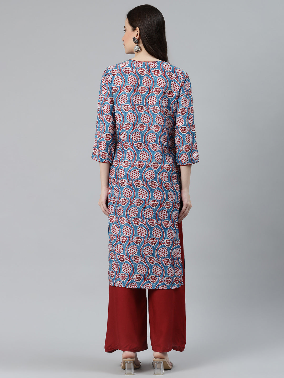 Jompers Women Blue & Red Ethnic Motifs Printed Keyhole Neck Kurta - Distacart