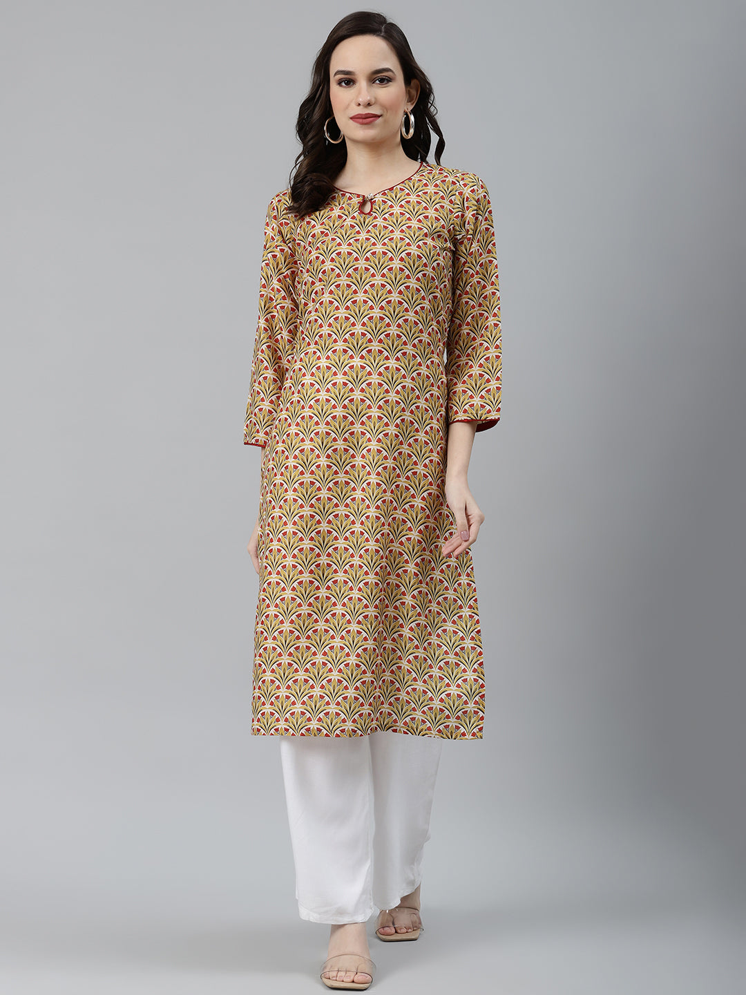 Jompers Women Yellow & Maroon Floral Printed Keyhole Neck Kurta - Distacart