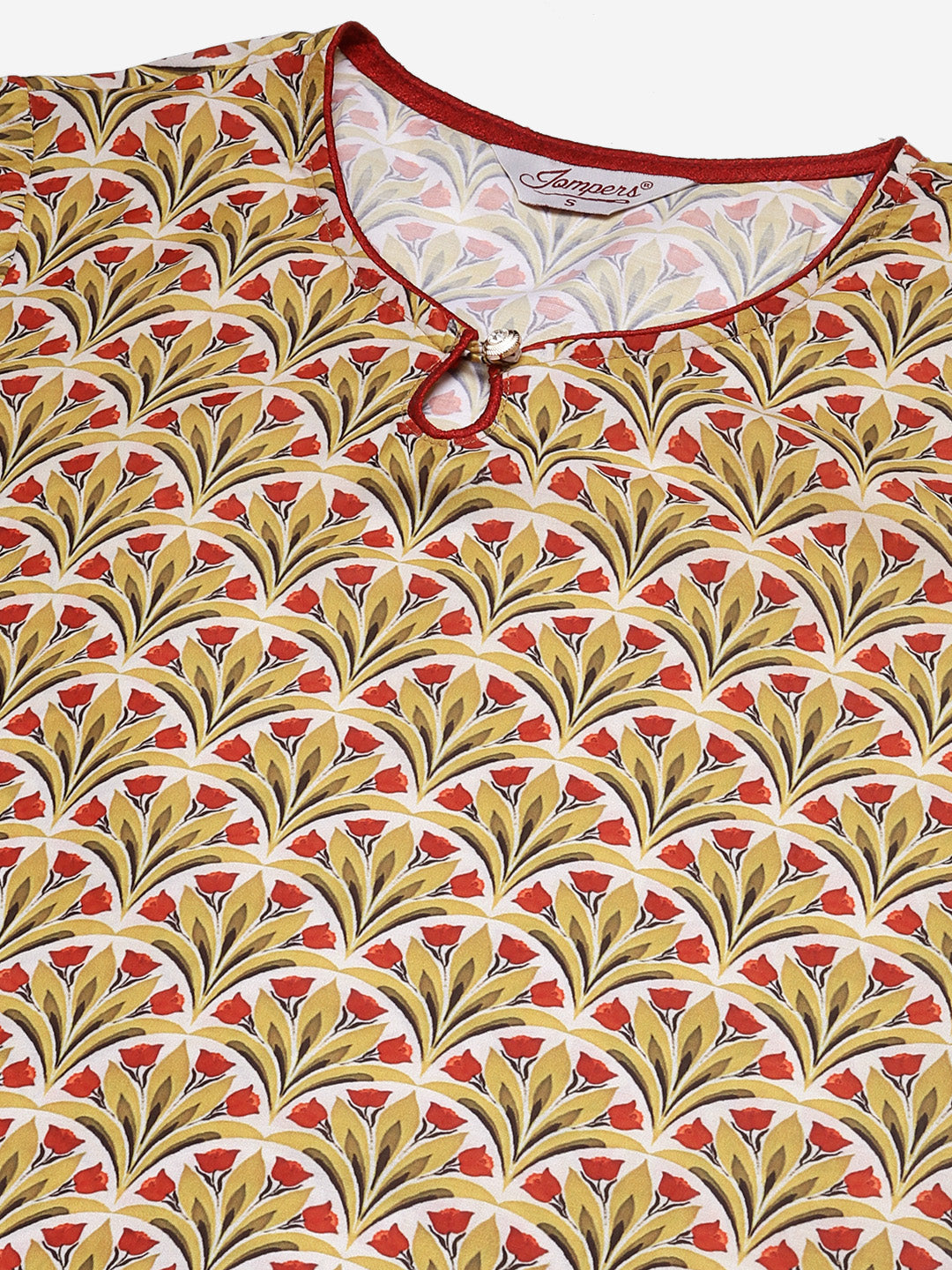 Jompers Women Yellow & Maroon Floral Printed Keyhole Neck Kurta - Distacart