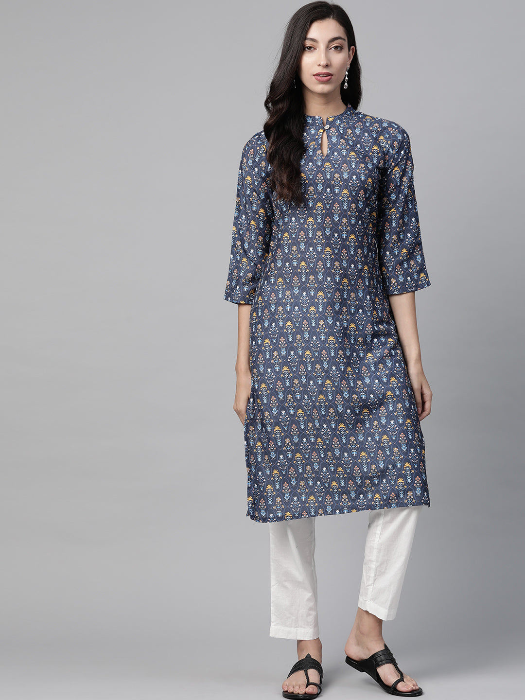 Jompers Women Blue & Yellow Floral Printed Keyhole Neck Floral Kurta - Distacart