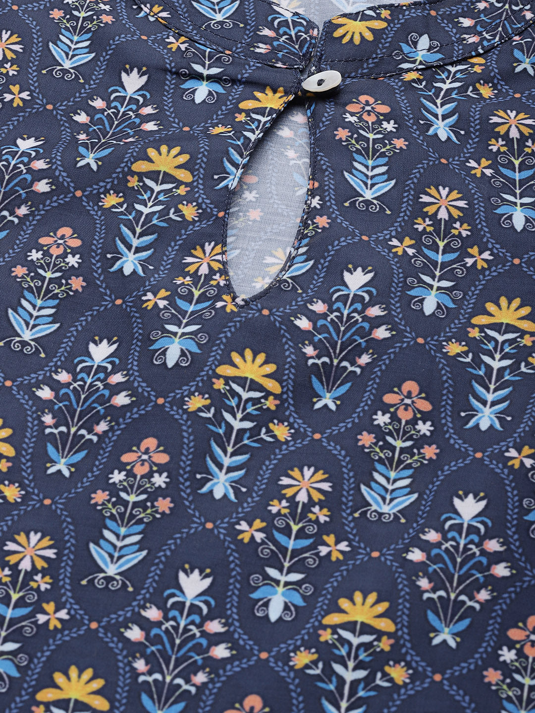 Jompers Women Blue & Yellow Floral Printed Keyhole Neck Floral Kurta - Distacart
