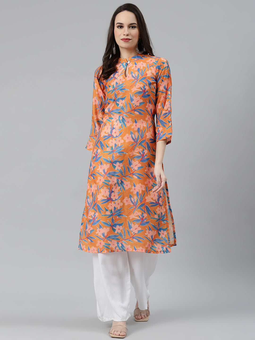 Jompers Women Orange & Blue Floral Printed Keyhole Neck Floral Kurta - Distacart