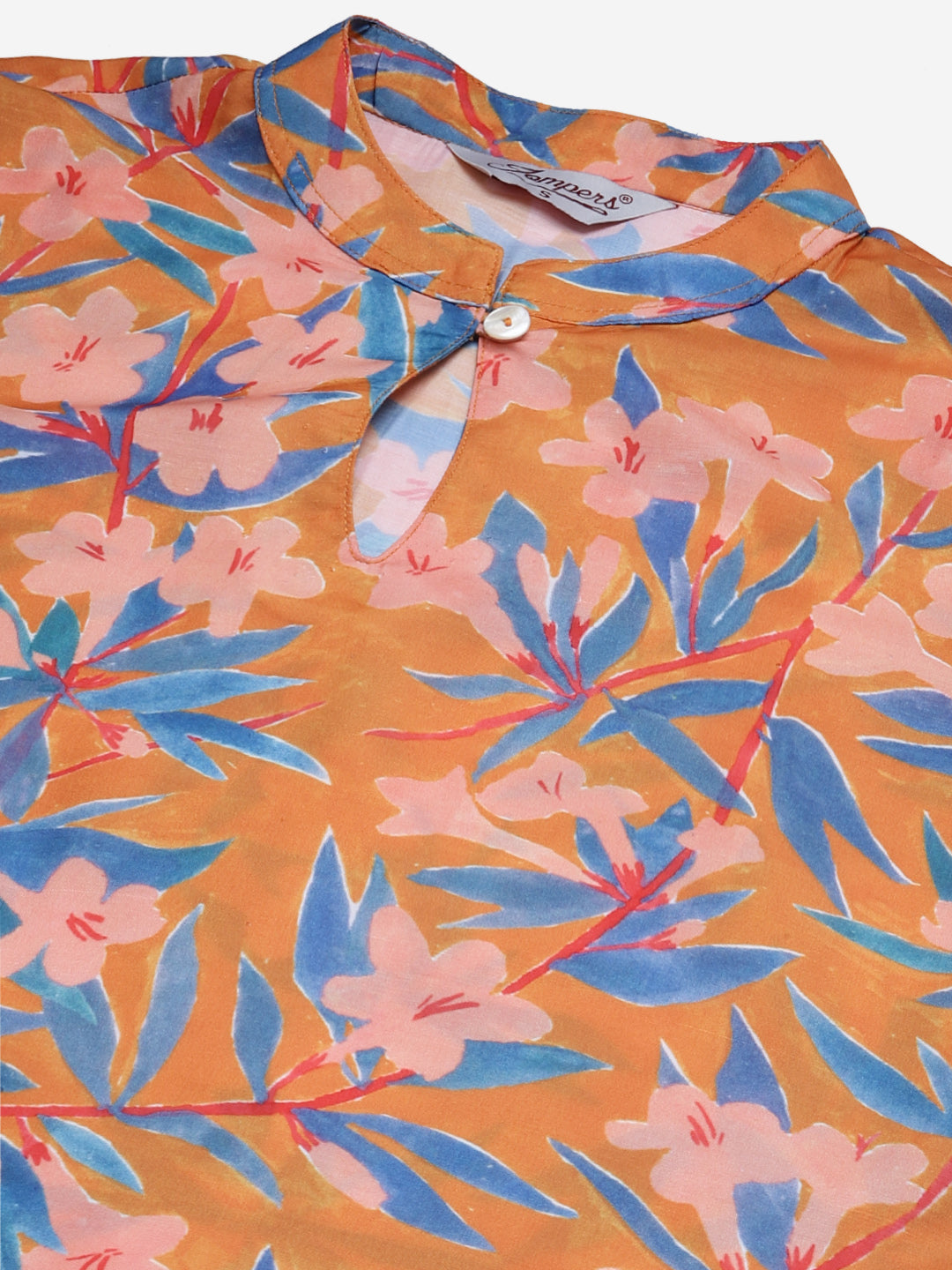 Jompers Women Orange & Blue Floral Printed Keyhole Neck Floral Kurta - Distacart