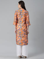 Thumbnail for Jompers Women Orange & Blue Floral Printed Keyhole Neck Floral Kurta - Distacart