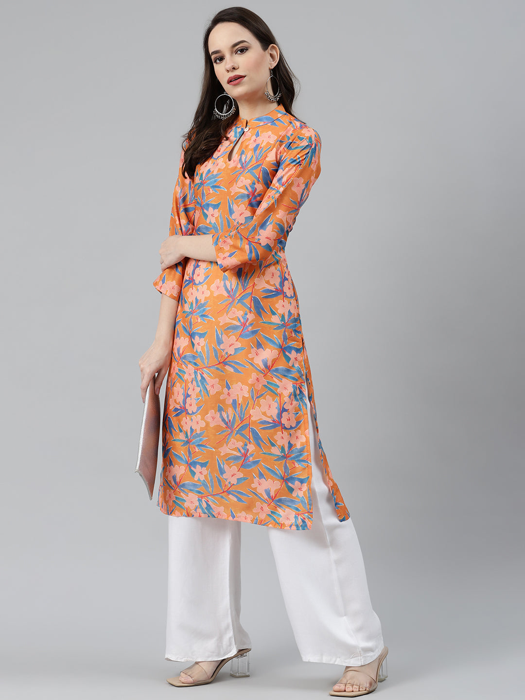Jompers Women Orange & Blue Floral Printed Keyhole Neck Floral Kurta - Distacart
