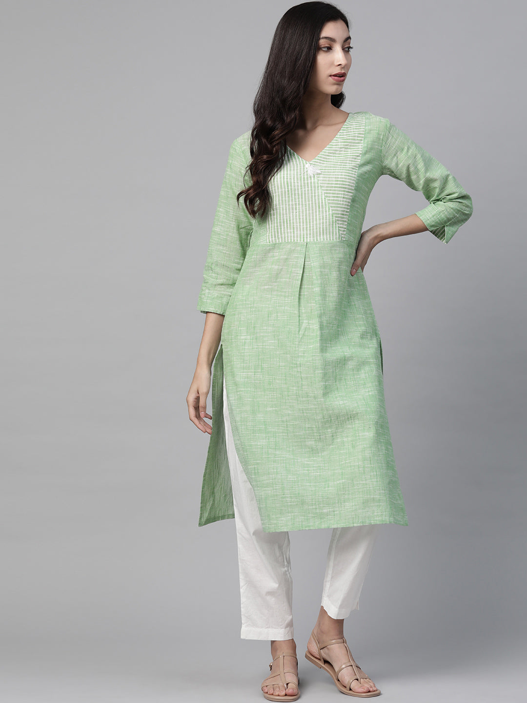 Jompers Women Green Pure Cotton Striped Pleated Kurta - Distacart
