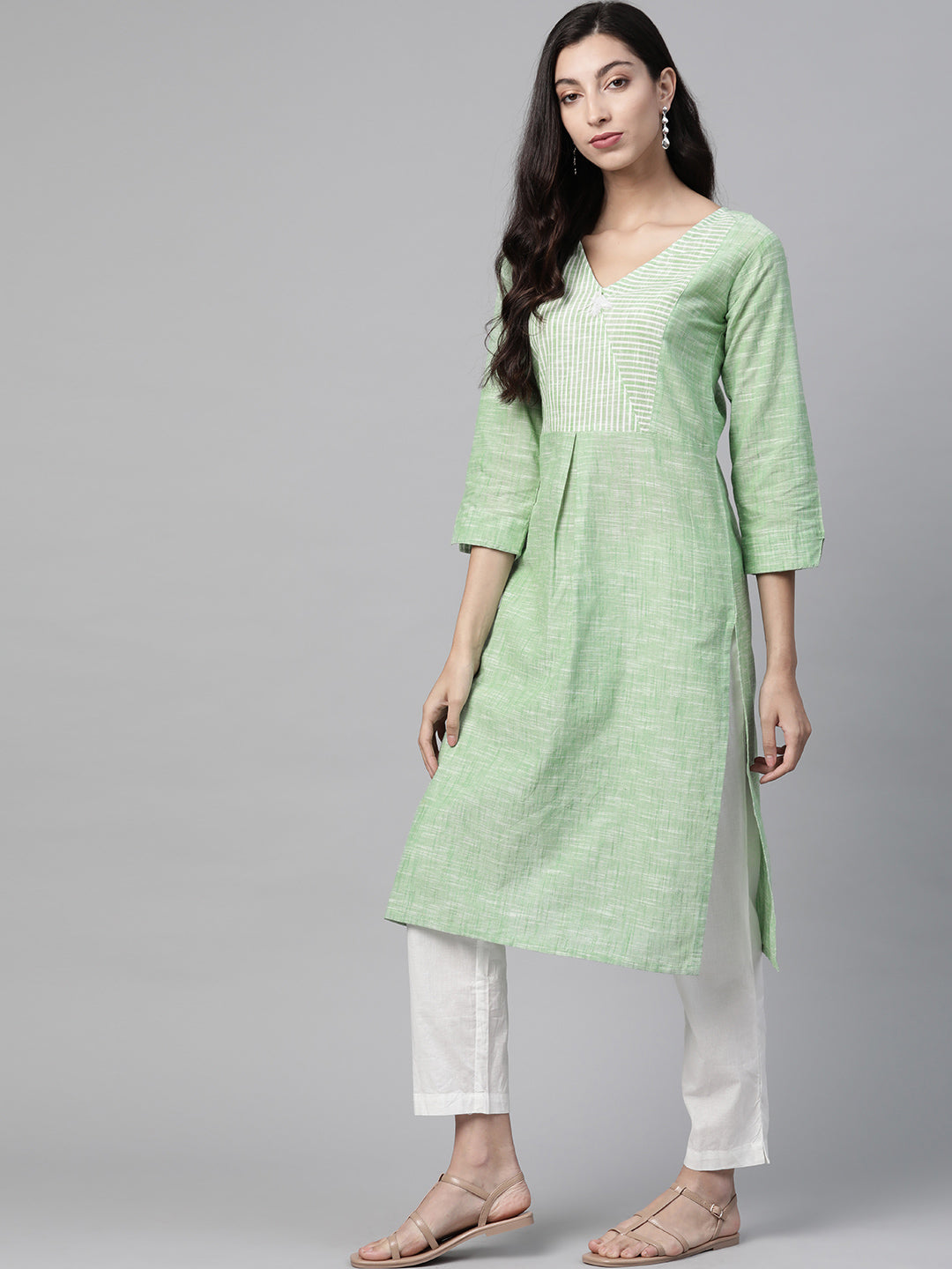 Jompers Women Green Pure Cotton Striped Pleated Kurta - Distacart