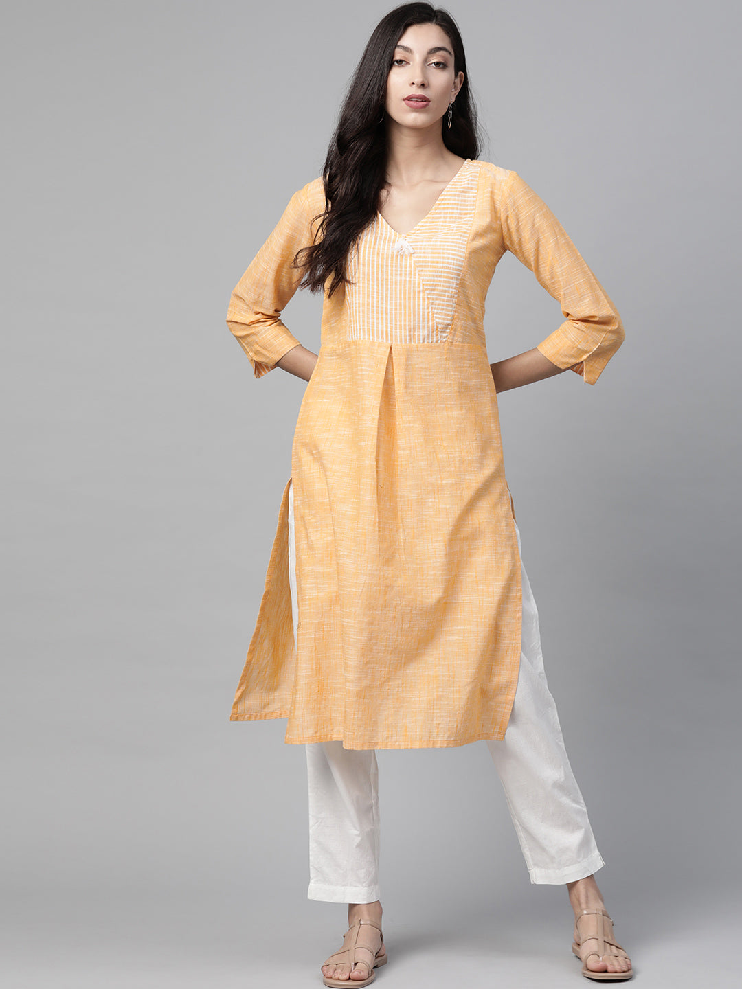 Jompers Women Yellow Pure Cotton Striped Pleated Kurta - Distacart