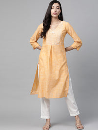 Thumbnail for Jompers Women Yellow Pure Cotton Striped Pleated Kurta - Distacart