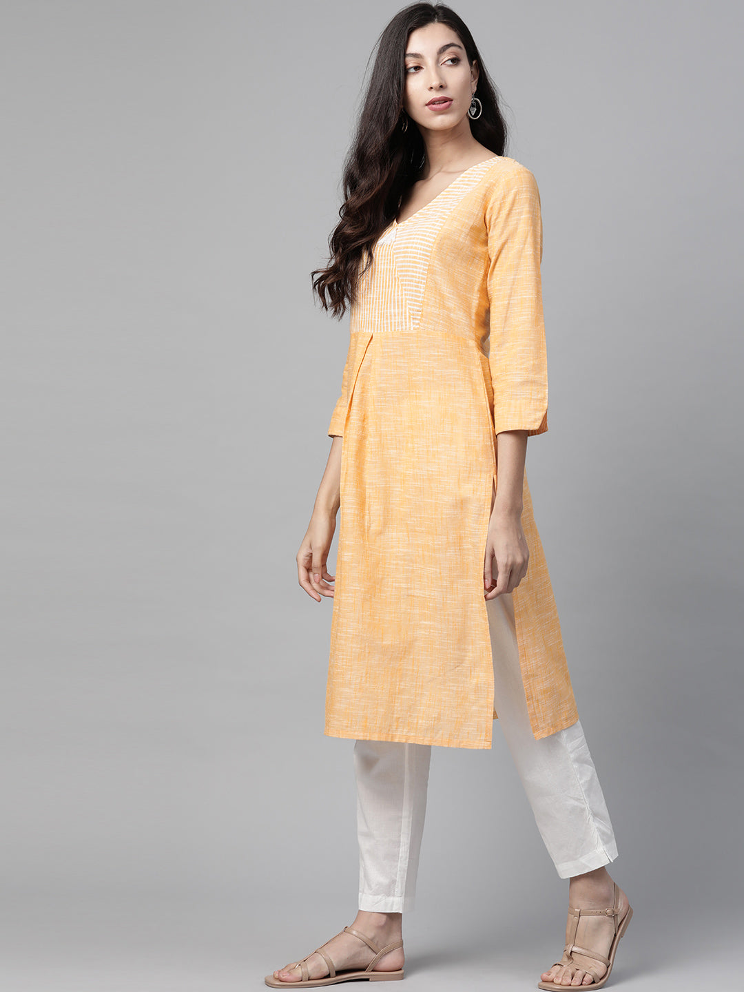 Jompers Women Yellow Pure Cotton Striped Pleated Kurta - Distacart