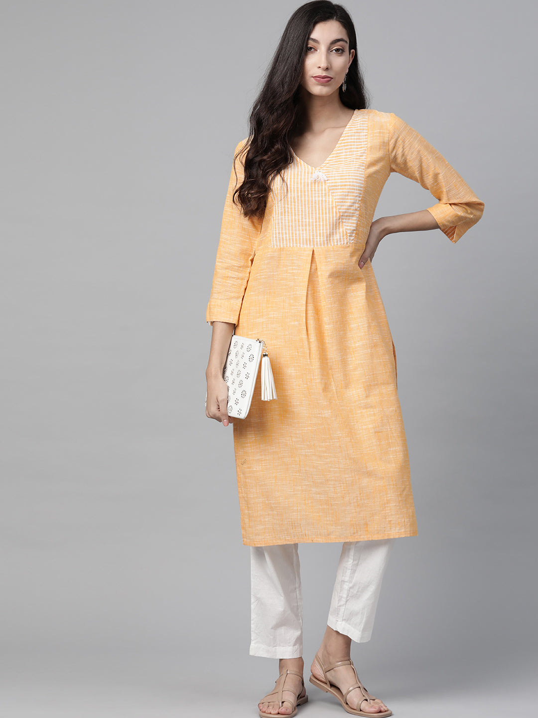 Jompers Women Yellow Pure Cotton Striped Pleated Kurta - Distacart