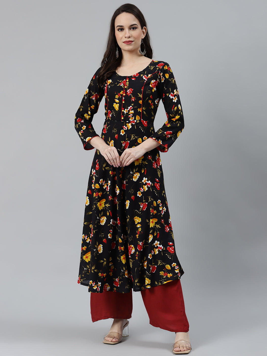 Jompers Women Black & Red Floral Printed Floral Anarkali Kurta - Distacart