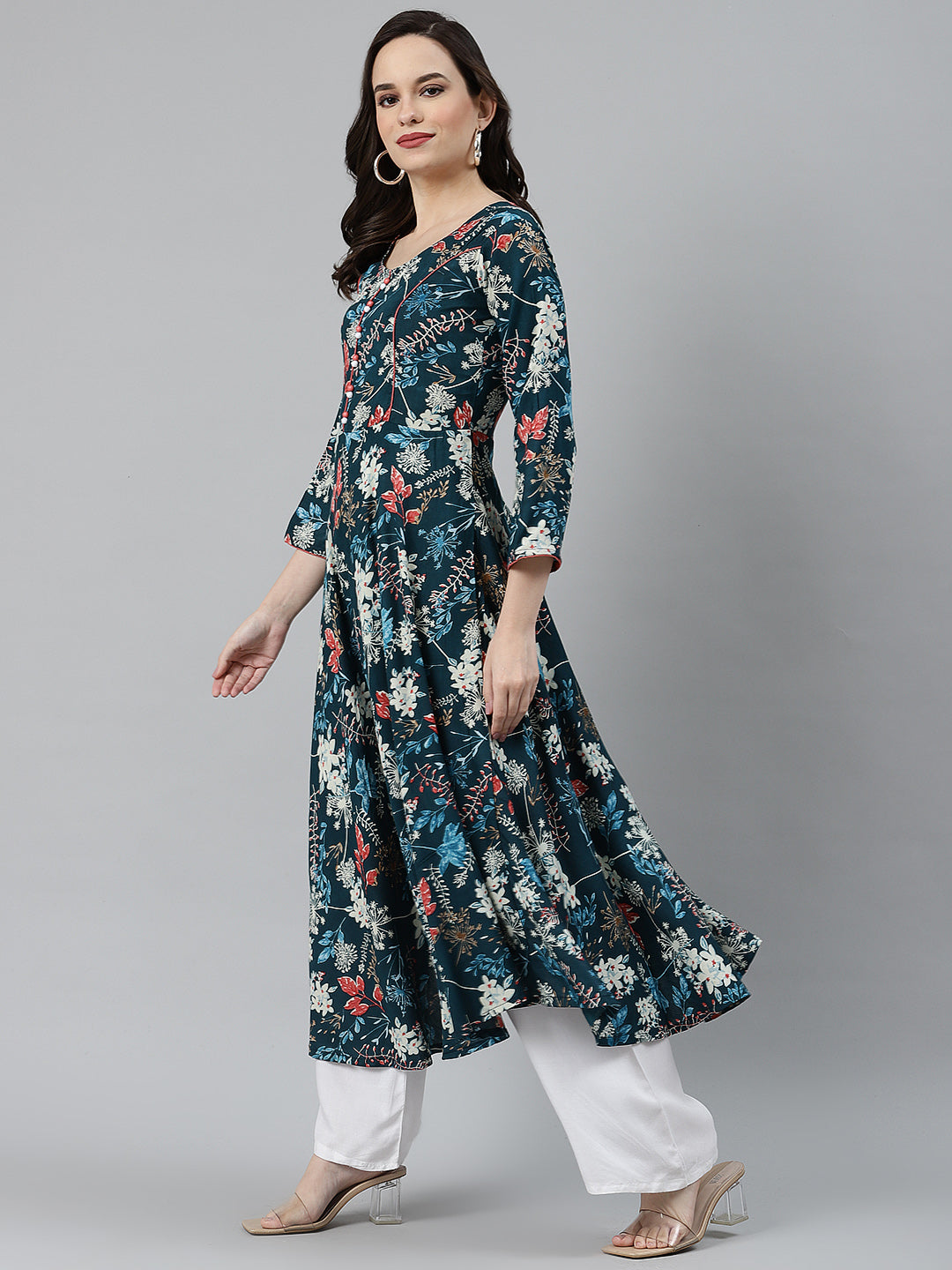 Jompers Women Blue & Pink Floral Printed Floral Anarkali Kurta - Distacart