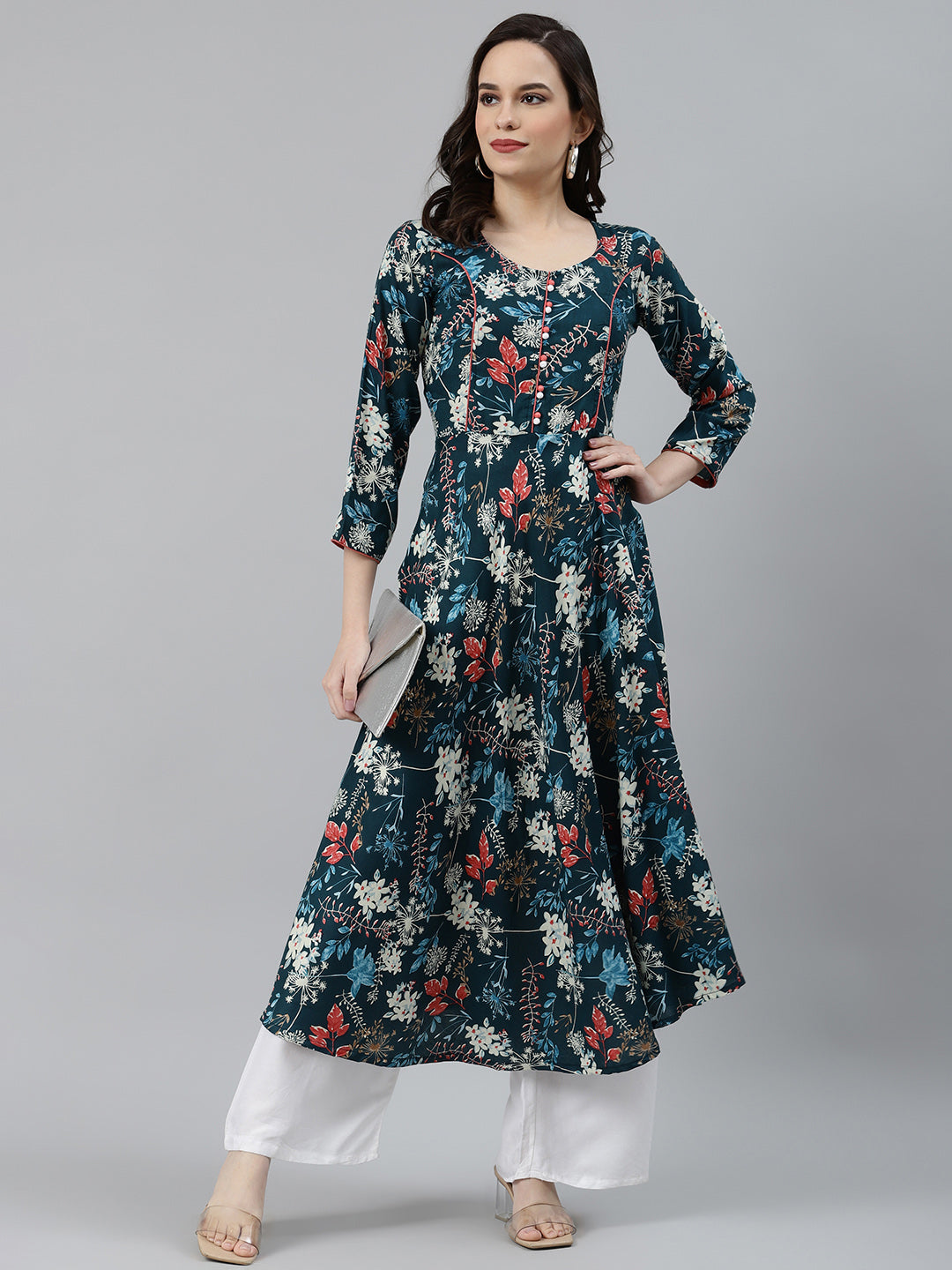 Jompers Women Blue & Pink Floral Printed Floral Anarkali Kurta - Distacart