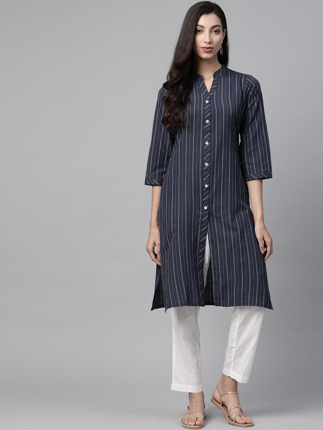 Jompers Women Navy Blue & White Striped Indigo Fusion Kurta - Distacart