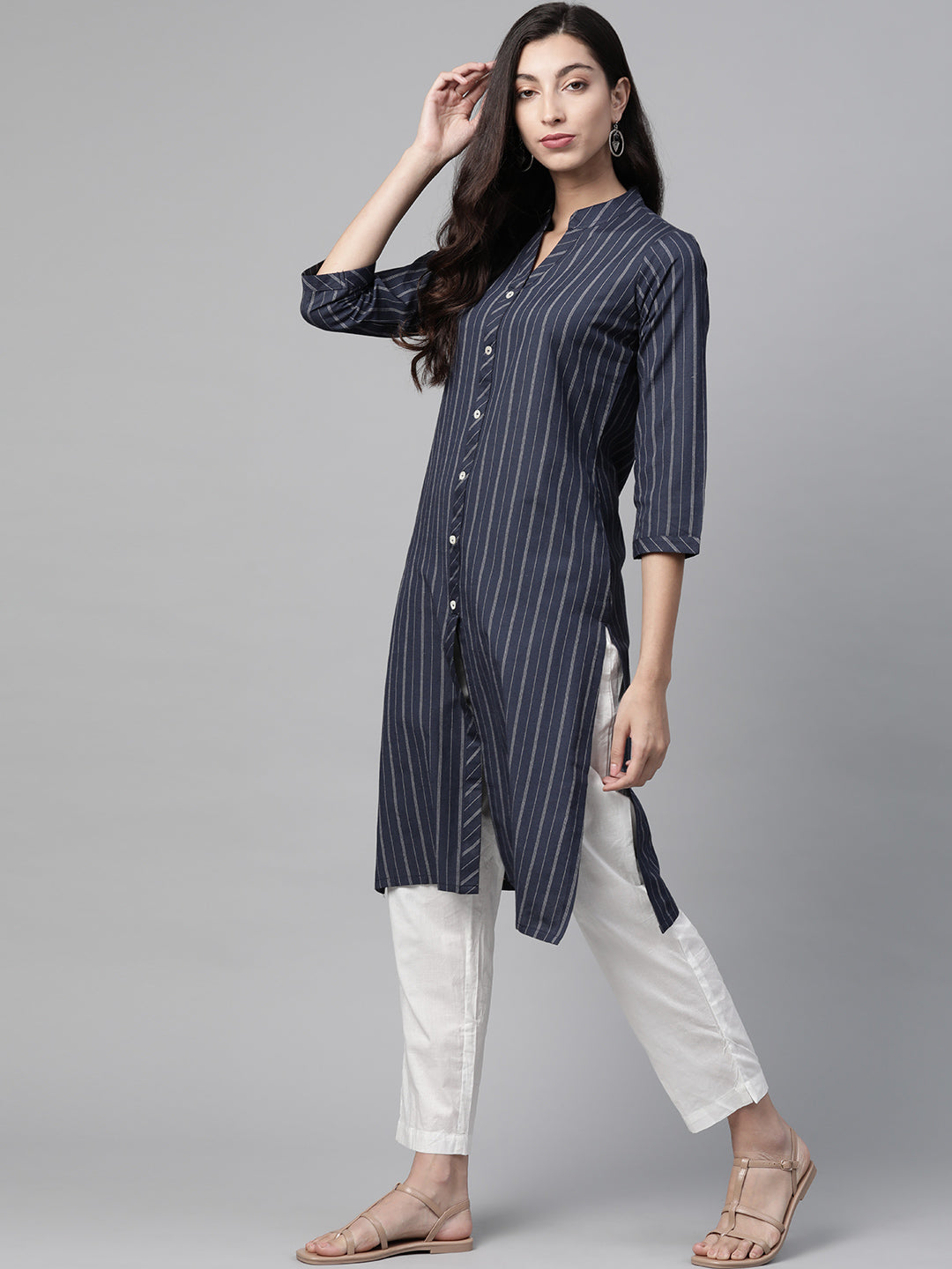 Jompers Women Navy Blue & White Striped Indigo Fusion Kurta - Distacart