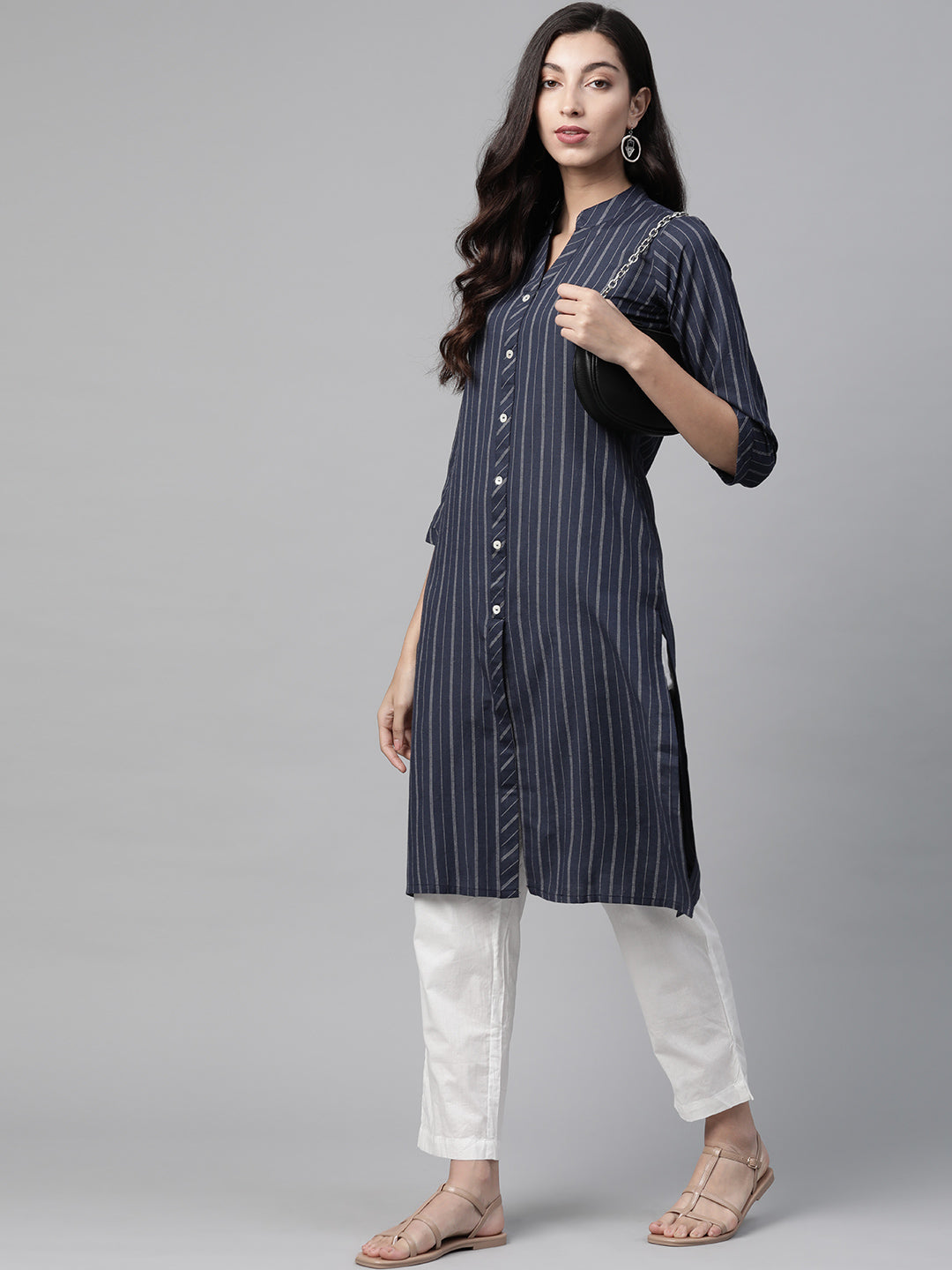 Jompers Women Navy Blue & White Striped Indigo Fusion Kurta - Distacart