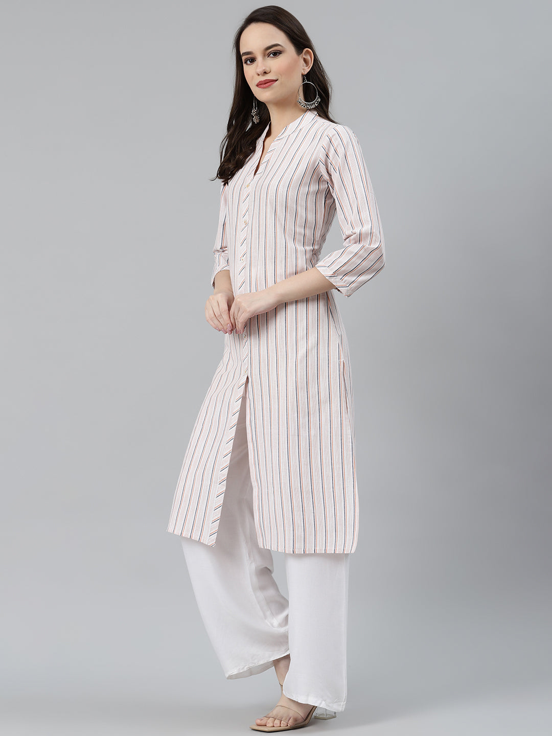 Jompers Women White & Orange Striped Indigo Fusion Kurta - Distacart