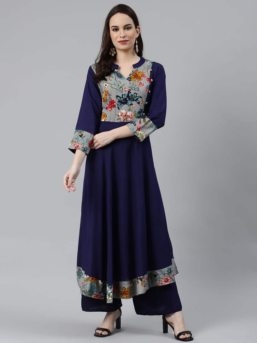 Jompers Women Navy Blue & Grey Floral Printed Yoke Design Anarkali Kurta - Distacart