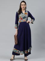 Thumbnail for Jompers Women Navy Blue & Grey Floral Printed Yoke Design Anarkali Kurta - Distacart