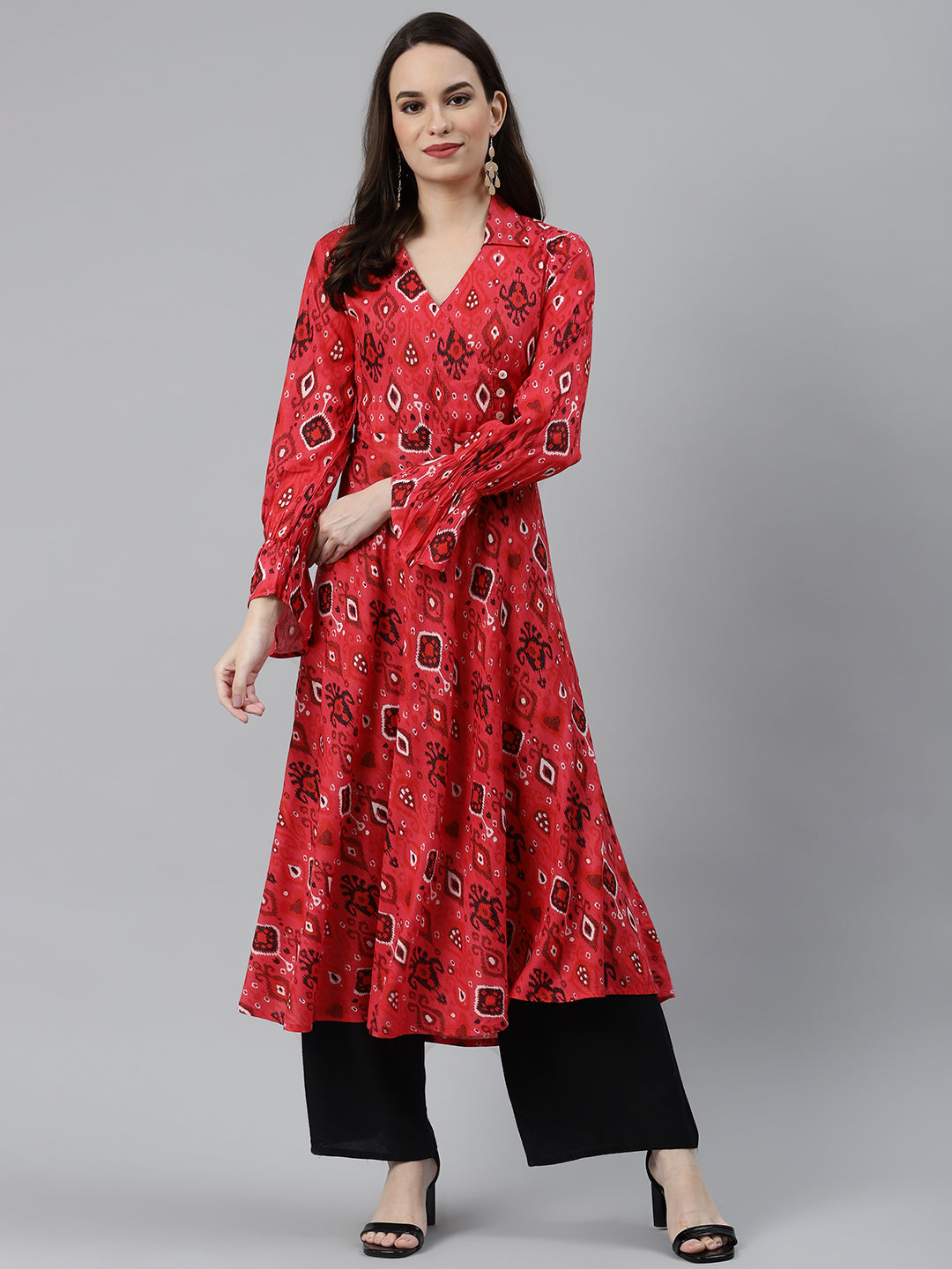 Jompers Women Coral Red & Black Ethnic Motifs Printed Angrakha Anarkali Kurta - Distacart