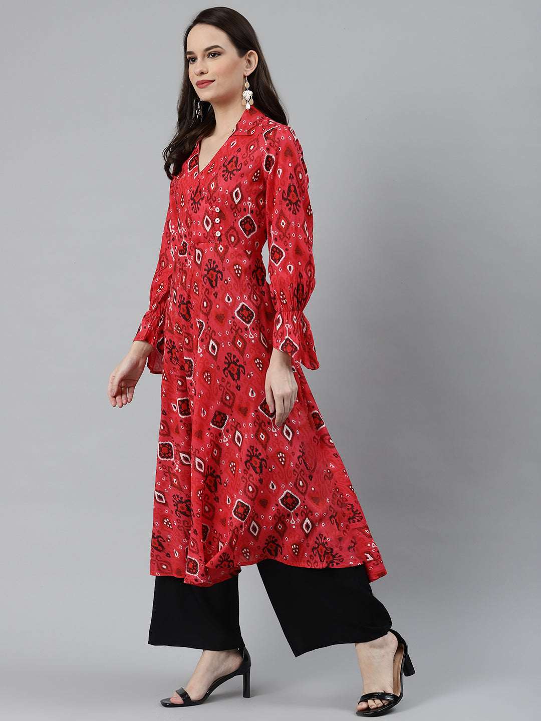 Jompers Women Coral Red & Black Ethnic Motifs Printed Angrakha Anarkali Kurta - Distacart