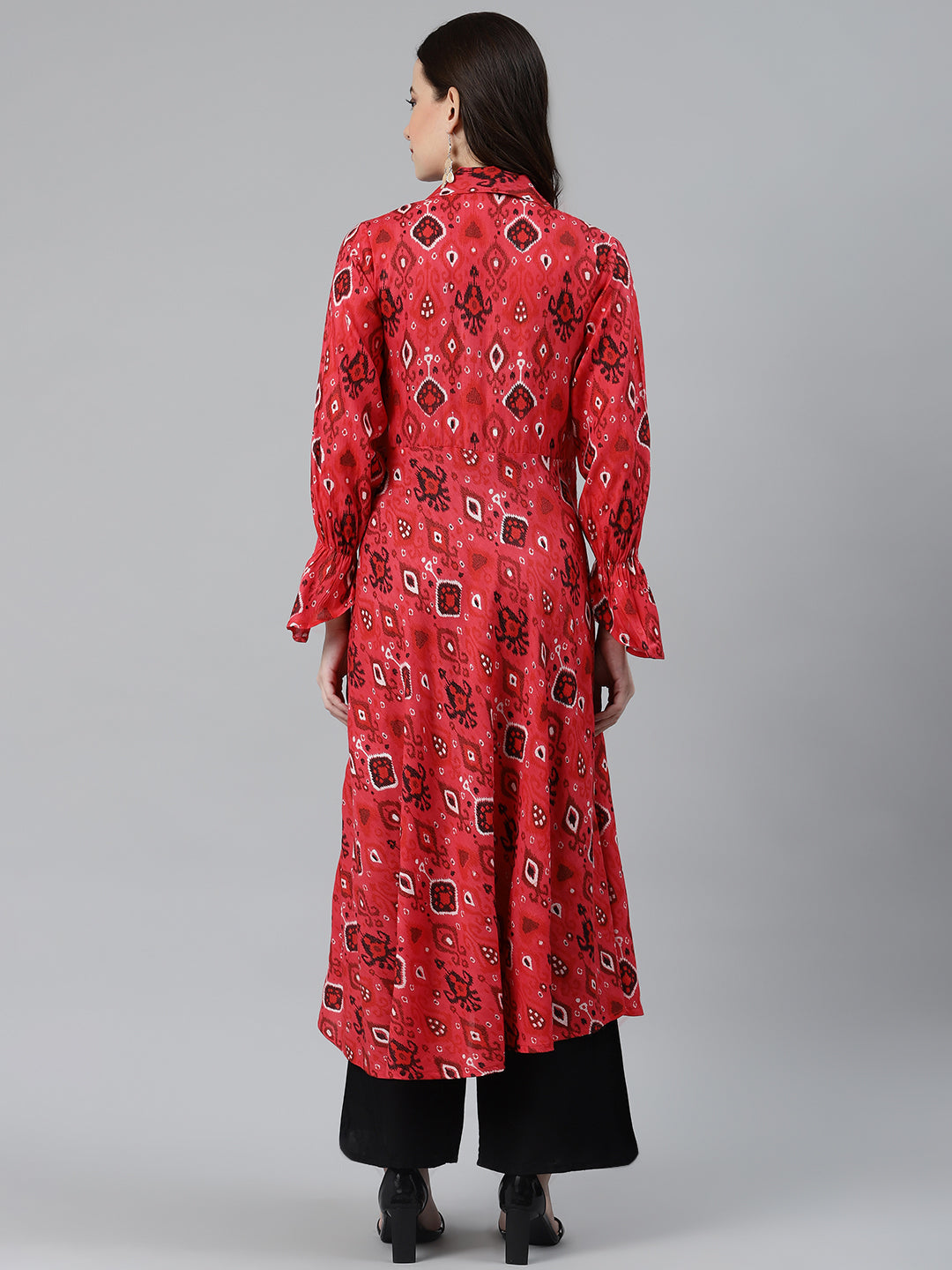 Jompers Women Coral Red & Black Ethnic Motifs Printed Angrakha Anarkali Kurta - Distacart