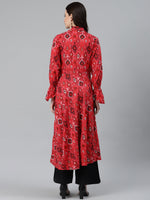 Thumbnail for Jompers Women Coral Red & Black Ethnic Motifs Printed Angrakha Anarkali Kurta - Distacart